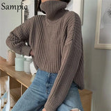 Fashion Autumn Women Long Sleeve Turtleneck Knitted Pullover Cropped Sweater Khaki Casual Knitwear Jumpers Sweater