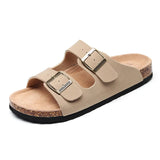 Shipping Men's PU Leather Sandals Slippers High Quality Soft Cork Two Buckle Slides Footwear For
