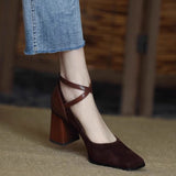 Breakj And Autumn New High-Heeled Women's Velvet Face Retro Head Thick Heel Cross-Buckle With Korean Version Of Shallow Mouth Mary Jane Single Shoes