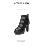 2022 Peep Toe Sandal Boots Mesh Summer Heels Women's High Heeled Platform Shoes Hollow Out Square Heel Back Zip