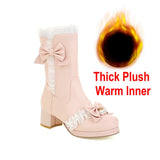 2021 Autumn Winter Cosplay Mid Long Boots Women Pink White Black Princess Ruffles Butterfly-knot Chunky Hees Lolita JK