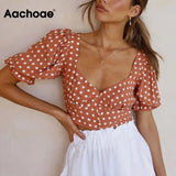 Summer Women Vintage Polka Dot Printed Crop Blouse Puff Short Sleeve Bodycon Shirt Ladies V Neck Slim Tops 2021