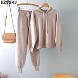 2 Pieces Set Women Knitted Tracksuit hooded Sweater + Harem Pants Pullover 2021 Sweater Set CHIC Knitted hooded