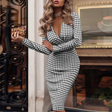 Autumn Elegant Office Lady Slim Dress Fashion Houndstooth Print Women Bodycon Party Dresses 2022 Spring Sexy Deep V Neck