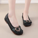 Summer New National Wind Leather Flower Single Shoes Beef Tendon Bottom Leisure Flat Bottom Women's Shoes Middle-Aged And