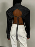 Backless Women T Shirt Button Turn-down Collar Long Sleeve Fall Casual Sexy Lace Up Office Ladies Fashion Blouses