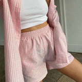 Stripe Shorts Set Loung Wear Tracksuit 2021 Summer Long Sleeve Shirt Tops And Loose High Waisted Mini Shorts Two Piece