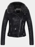 New Women Winter Faux Leather Jacket Warm Large Fur Collar Lady Motorcycle Pu Faux Soft Leather White Black Pink