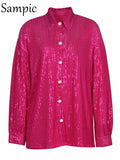 Elegant Female Y2K Sequins Club Shirt Tops 2022 Green Spring Summer Fashion Loose Sexy Party Women Long Sleeve T