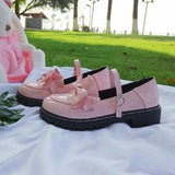 Shoes Women Flats Mary Janes Patent Leather Shoes Flower Lace Ruffle Round Toe Black Girls Retro Cosplay Kawaii