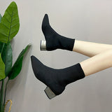 Women's Knitted Ankle Boots Pointed Toe Stretchy Chunky med Heels Fashion Sock Short