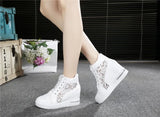 Women Wedge Platform Sneakers Rubber Brogue Leather High heels Lace Up Shoes Pointed Toe Height Increasing Creepers White