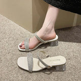 Women's Summer Slippers, 2024 New Non-slip Wear Thick Heel Flip-flops Diamond High Heels Sandals, Beach Fashion