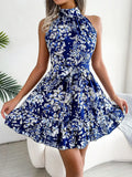 Fashion Floral Print Sleeveless Dress Summer Sexy Off Shoulder Halter Strap Slim Waist Beach Dress Office New High Waist