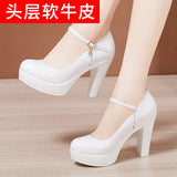 Catwalk High Heels Women's Cheongsam T Show White Size Waterproof Table Thick Heel Leather Round Head Single