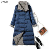 New Autumn Winter Women Double Sided Ultra Light Long Down Coat 90% White Duck Down Parkas Warm Snow Plaid