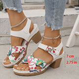 Breakj Cross Band Thick Heel Roman Sandal Summer Flowers Plus Size Velcro Open Toe Mid Heel
