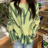 Print Knitted Sweater Women Elegant Green Striped Oversized Pullovers Women Loose Long Sweaters Streetwear