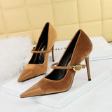 Breakj Banquet High Heels Fine Heel Shallow Pointed Top Xishi Suede Stitching Pointed Metal Buckle One Word Strip Single