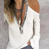Fashion Off Shoulder V-neck Pullover Tops Summer Women Sexy V Neck Sequins Shirt Ladies Casual Long Sleeve Loose Blouse