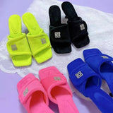 Slippers 2021 Winter Square Toe Velvet Slippers Thin Heels Chic Bling Rhinestone Slides Ladies Fashion Flip Flop