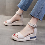 Summer Wedge Shoes for Women Sandals Solid Color Open Toe High Heels Casual Ladies Buckle Strap Fashion Female Sandalias