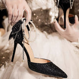 Bow High Heels Summer New Thin-Heeled Single Shoes Crystal Bridesmaids Wedding Shoes Hollow