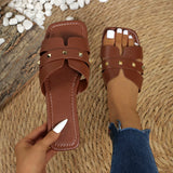 Breakj Asian Women Solid Color Large-Size Rivet Slippers Casual Side Toe Flat Summer Light Beach