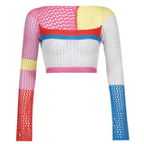 Holes Sexy Knitted Cropped T Shirt Women Autumn 2000s Aesthetic Patchwork T-shirt Women Hollow Out Fashion