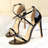 Breakj Fashion Banquet Women's Shoes Ultra High Heel Heel Open Toe Painted Leather Cross Strap Sexy Nightclub