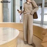 Pieces Set Women oversize Tracksuit polo collar Sweater Pullover straight pants Sweater Set CHIC Knitted Outwear sweater
