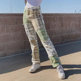 Patchwork Vintage Checkered Jeans Women Print Skinny High Waist Denim Pants Ladies Fashion Frill Trousers