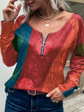 Spring Vintage Printed Chic T Shirts Womens 2022 Fashion O Neck Long Sleeves Loose Zipper Sweatshirts Office Elegant T