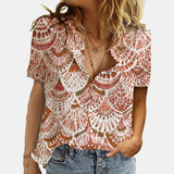 Women Elegant Office Simple Turn-down Collar Cartoon Print Casual Shirt Fashion Summer Short Sleeves Button Cardigan