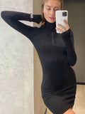 Knit Mini Dress Zipper Turtleneck Long Sleeve Women Bodycon Casual Fashion Grey Autumn Ladies Elegant Sexy Dress
