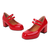 EDEELVEEYS Patent Leather Womens Chunky 7cm High Heel Hook Loop Ankle Strap Pumps Platform Lolita Vintage Dress Shoes Big