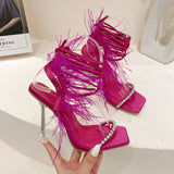 2024 New Catwalk Style Square-Headed Women's Shoes Diamond Feather With