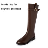 Med Heel Riding Boots Woman Real Leather Knee High Boots Zipper Thick Heel Buckle Female Shoes Autumn Winter Brown