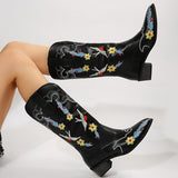 Pointed Toe Cowboy Boots Women Mid Calf Thick Heels Cowgirl Boots Woman Slip On Pu Leather Western Botas Plus Size