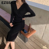2021 thick dress warm autumn winter maix sweater dress women bodycon v-neck Drawstring long dress female slim elegant