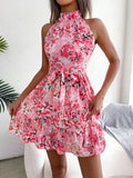 Fashion Floral Print Sleeveless Dress Summer Sexy Off Shoulder Halter Strap Slim Waist Beach Dress Office New High Waist