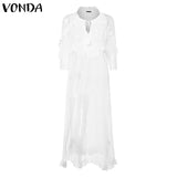 VONDA Summer Sexy White Lace Dress 2022 Women V-Neck Dot Hollow Asymmetrical Hem Dress Bohemian Holiday Vestidos Party