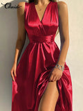 2022 Women Party Dress Celmia Sexy V Neck Elastic Waist Satin Long Vestidos Elegant Sleeveless Blackless Clubbing Midi