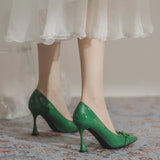 Women's High Heels Female Stiletto Pointed French Retro Pumps Patent Leather Horsebit Single Shoes Profession Work