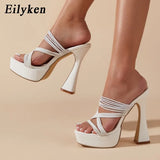2022 New Green Square toe Narrow Band Slippers Slides Summer Fashion Gladiator Sandals Women Shoes Square Heels