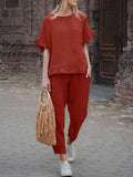 2022 Casual Suit Women New Retro Solid Short-sleeved T-shirt Trousers Two-piece Summer Loose Tops Pencil Pants Commuter