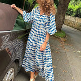Summer Women New Fashion Casual Patchwork Printed Puff Sleeves Long Dress Elegant Slim V Neck Streetwear Elegant