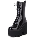 Large Size 44 Female Motorcycle Boots Square High Heel Zipper Lace Up Platform Boots Trendy Elegant Designer