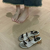 Rhinestone Roman Sandals Women Summer Shoes New Bow Thick Middle Heel Female Fashion Sandales Open Toe Ankle Buckle