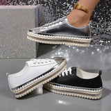 Shoes for Women Sneakers Crystal Thick Soles Casual Rhinestones PU Walking Flats Thick Bottom Lace Up Shoes Plus Size